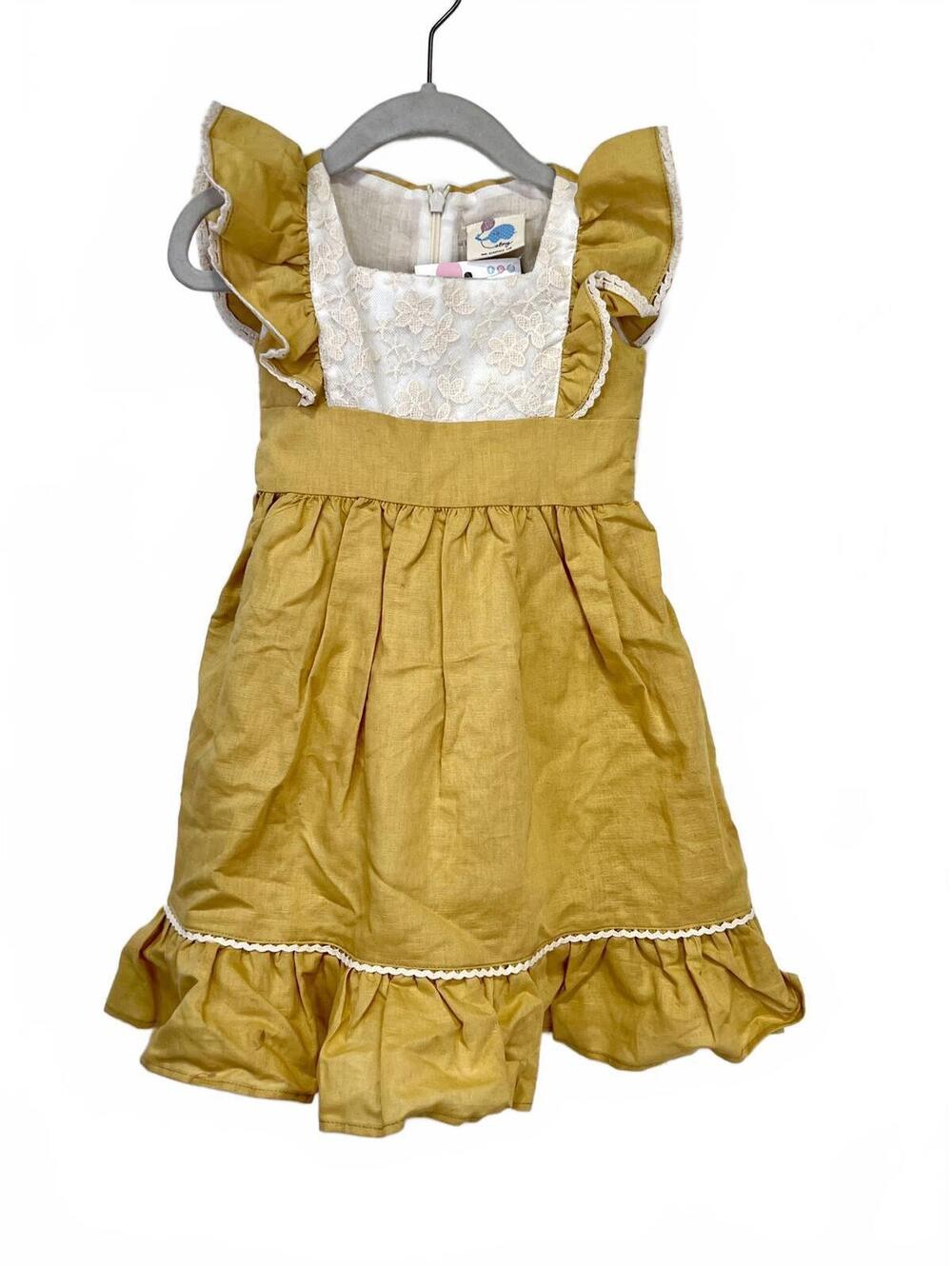 Elestory Girls Size 18-24 Month Mustard Yellow Dress with Lace Detail Ruffle Hem